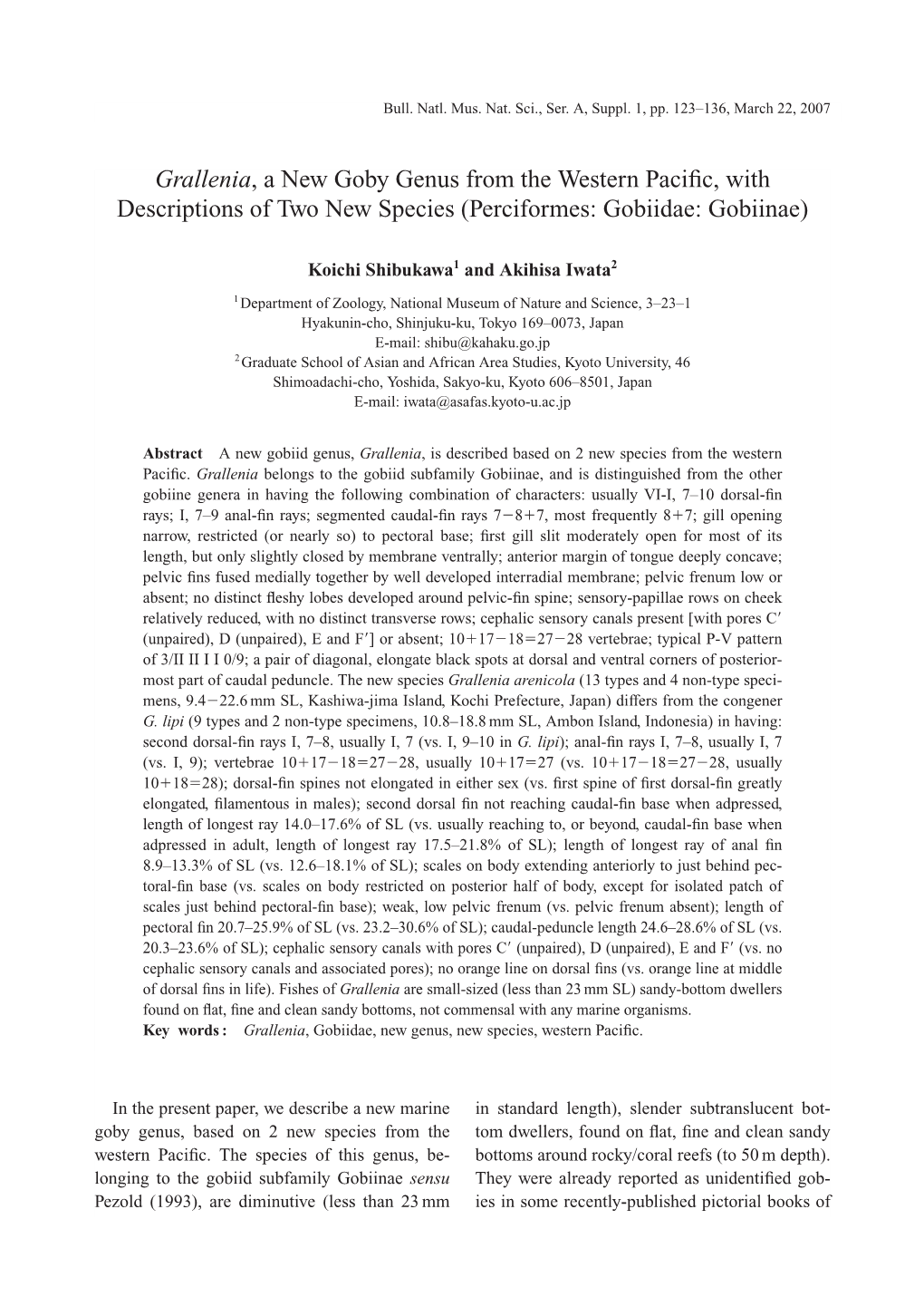 Grallenia, a New Goby Genus from the Western Pacific, with Descriptions