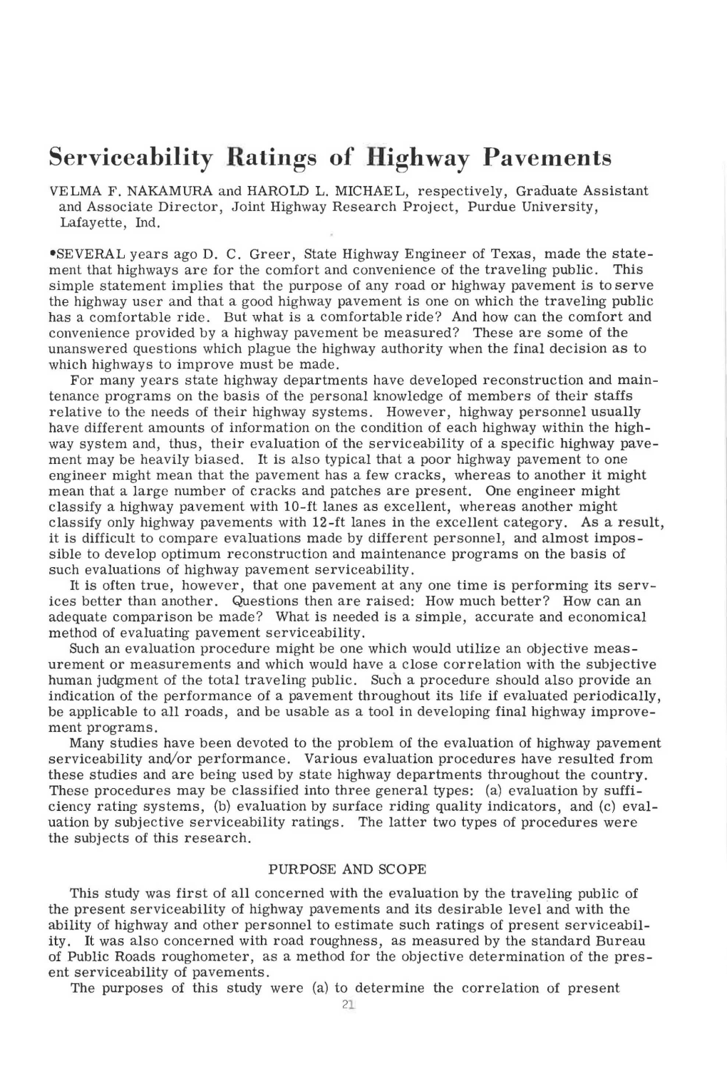 Serviceability Ratings of Highway Pavements VELMA F