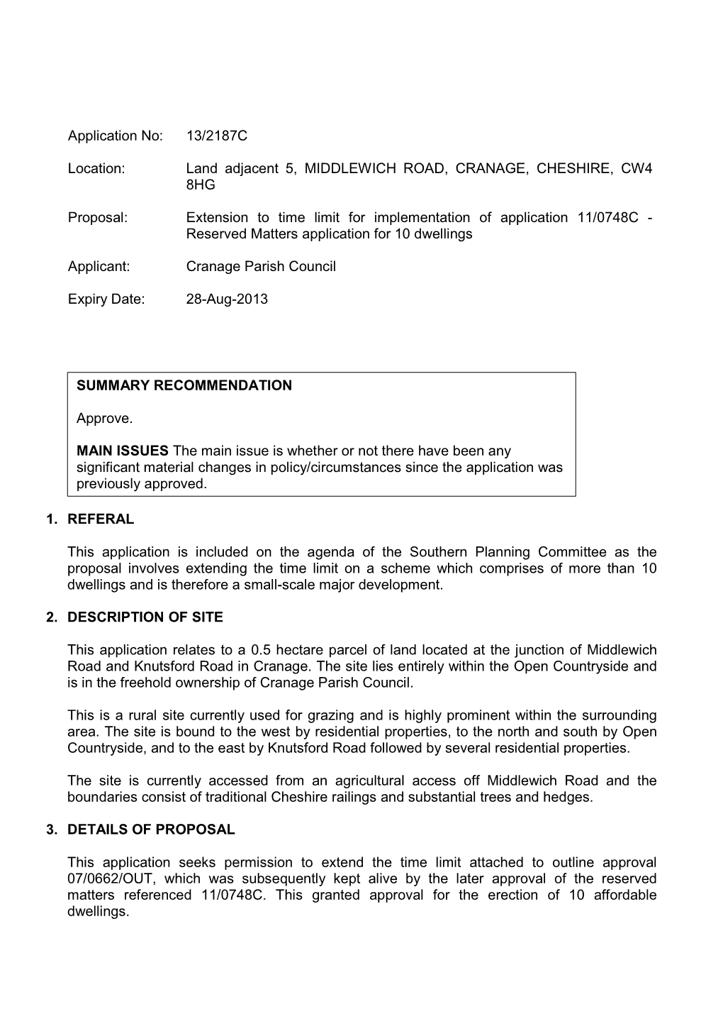 13/2187C Land Adjacent 5, Middlewich Road, Cranage