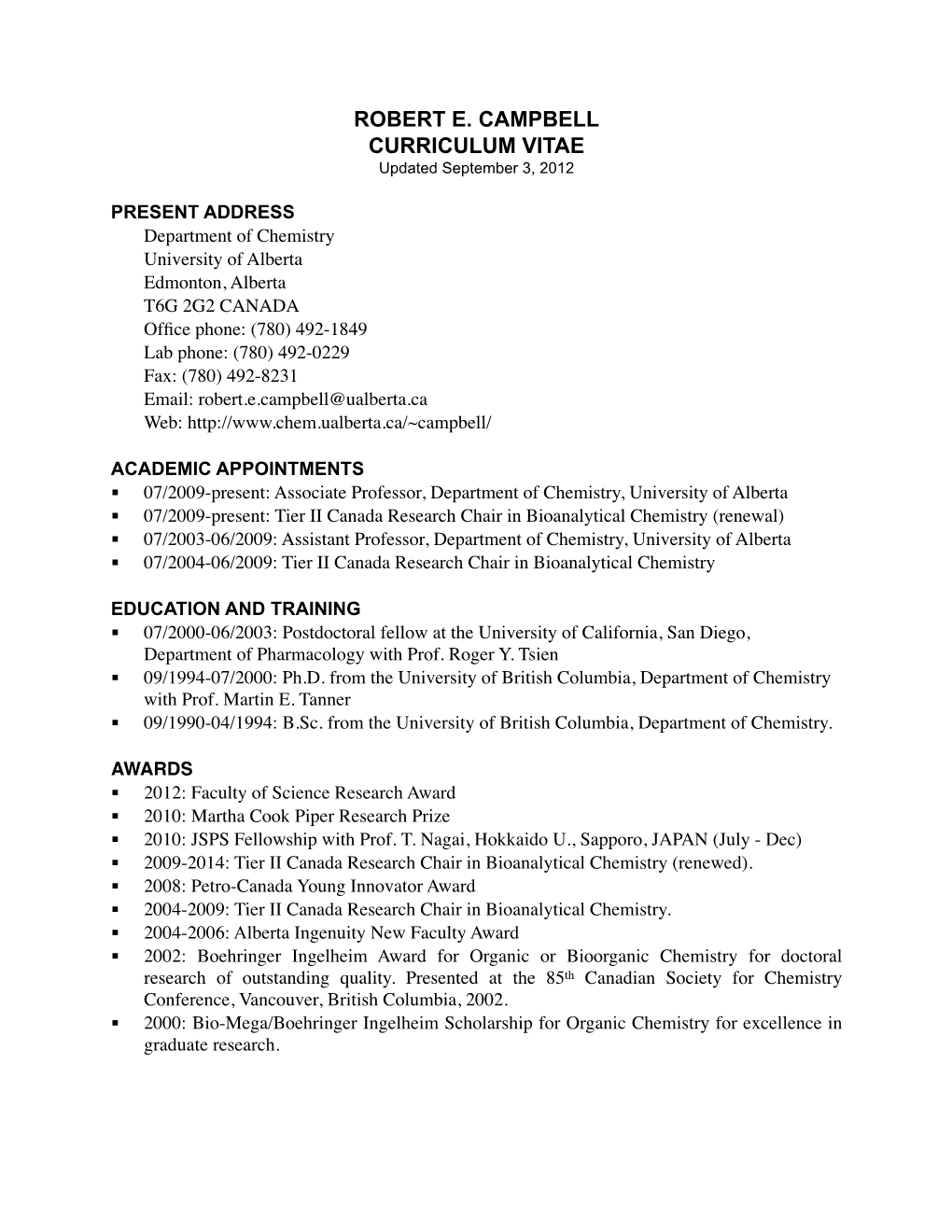 ROBERT E. CAMPBELL CURRICULUM VITAE Updated September 3, 2012