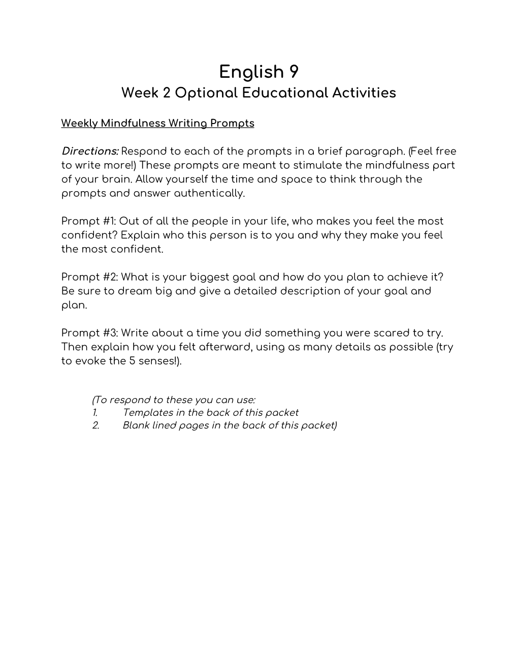 English 9 Week 2 Optional Educational Activities