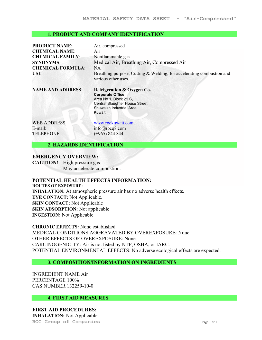 MATERIAL SAFETY DATA SHEET - “Air-Compressed”