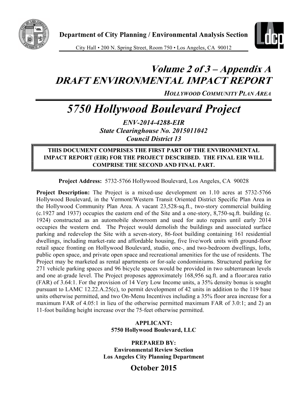5750 Hollywood Boulevard Project ENV-2014-4288-EIR State Clearinghouse No