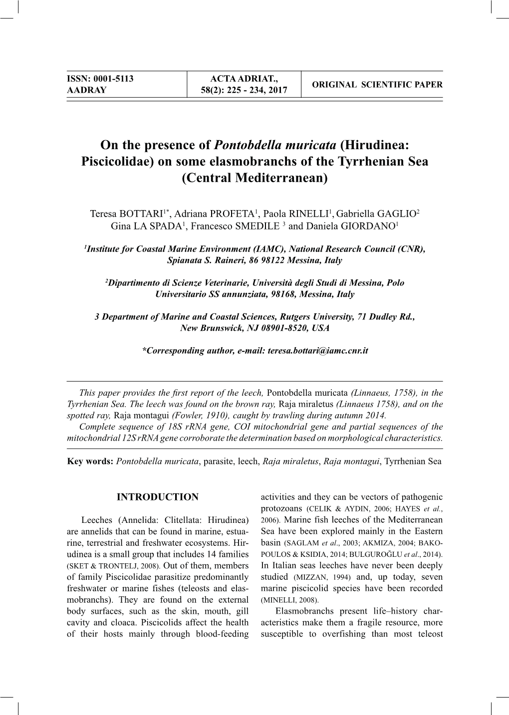 On the Presence of Pontobdella Muricata (Hirudinea: Piscicolidae) on Some Elasmobranchs of the Tyrrhenian Sea (Central Mediterranean)