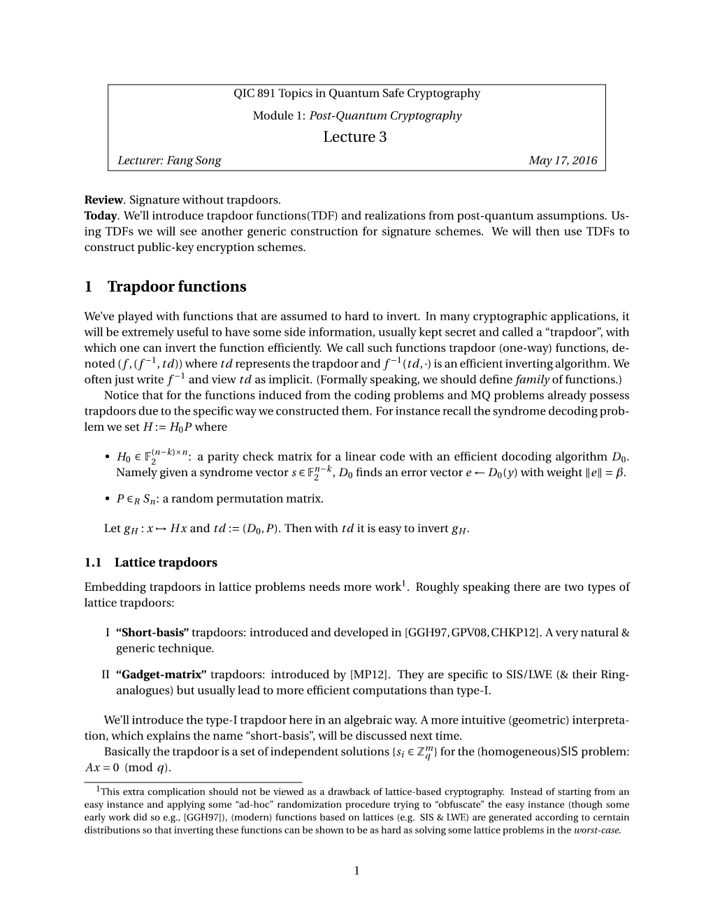 Lecture 3 1 Trapdoor Functions