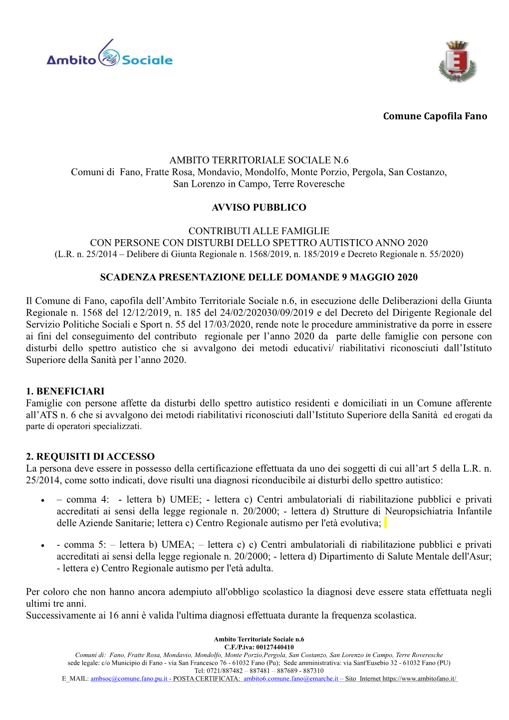 Comune Capofila Fano AMBITO TERRITORIALE SOCIALE N.6