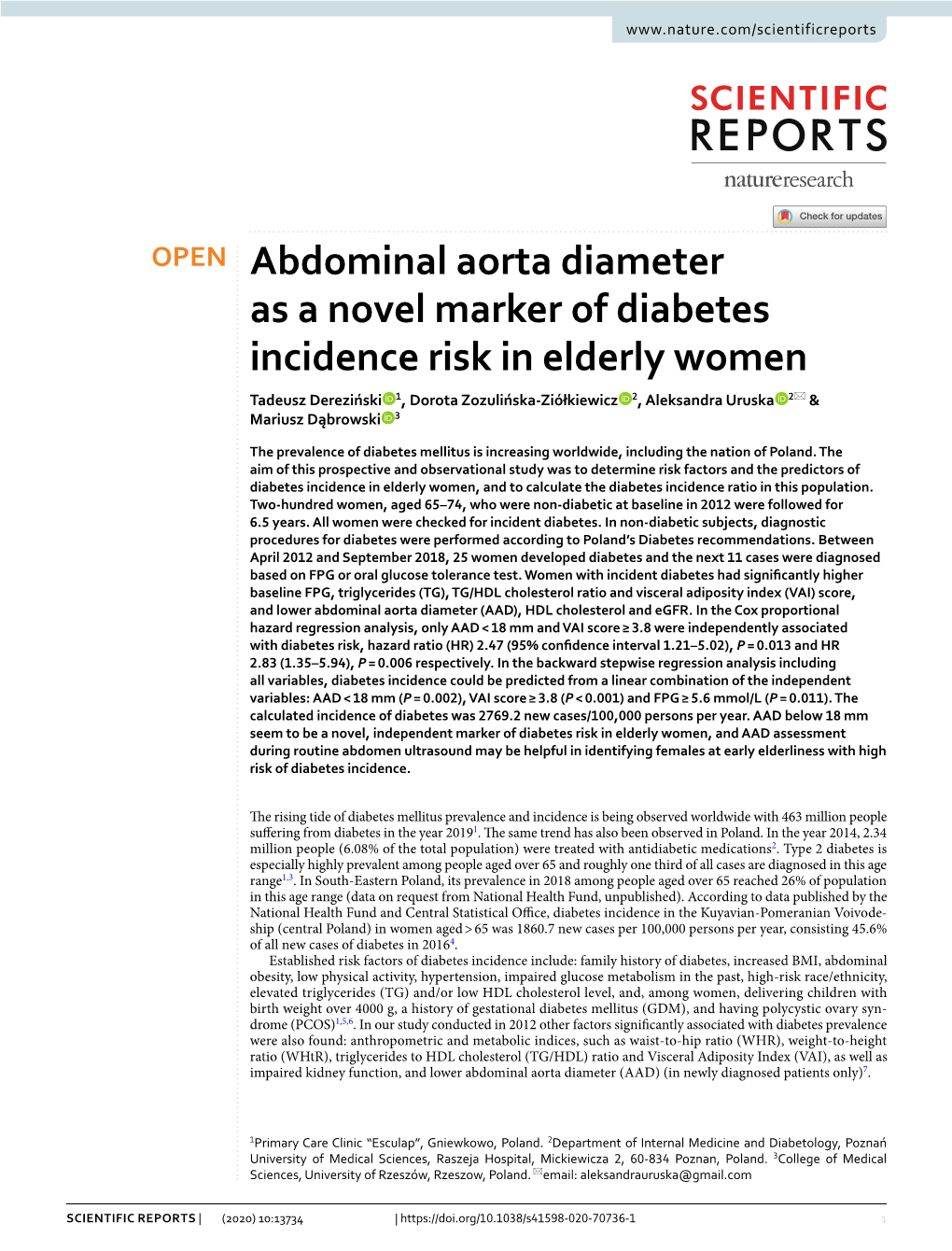 Abdominal Aorta Diameter As a Novel Marker of Diabetes Incidence Risk In