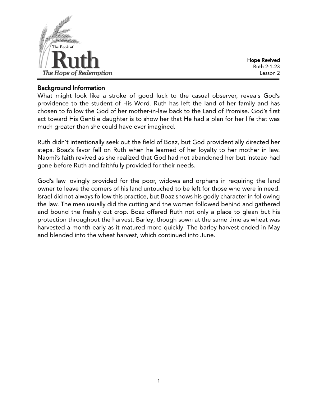 Ruth 2:1-23 the Hope of Redemption Lesson 2