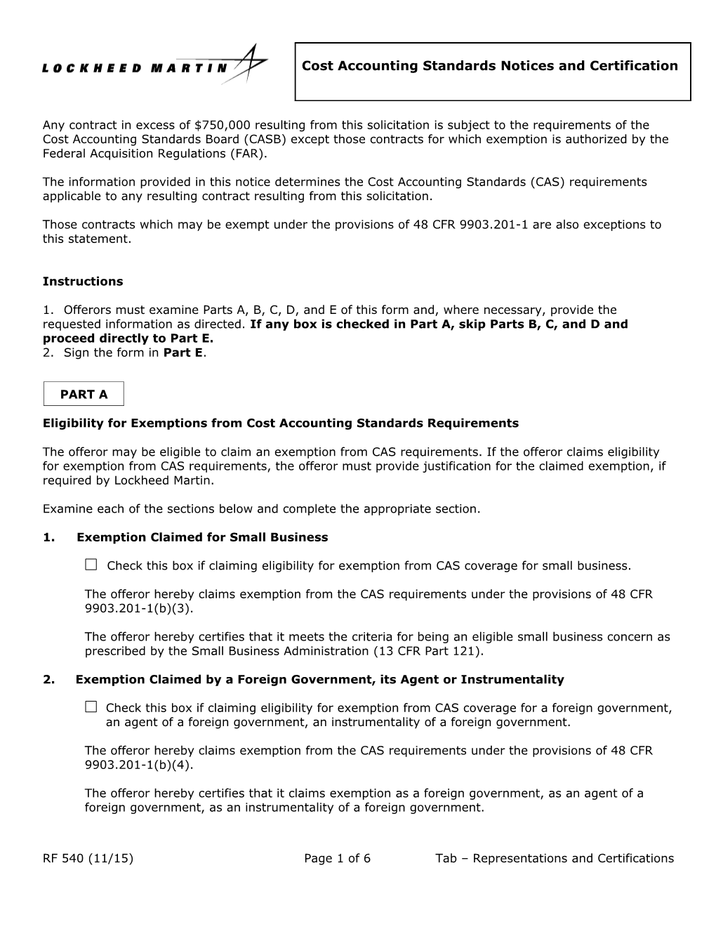 RF540, Cost Accounting Standards Notices And Certification For $650,000 Applicability