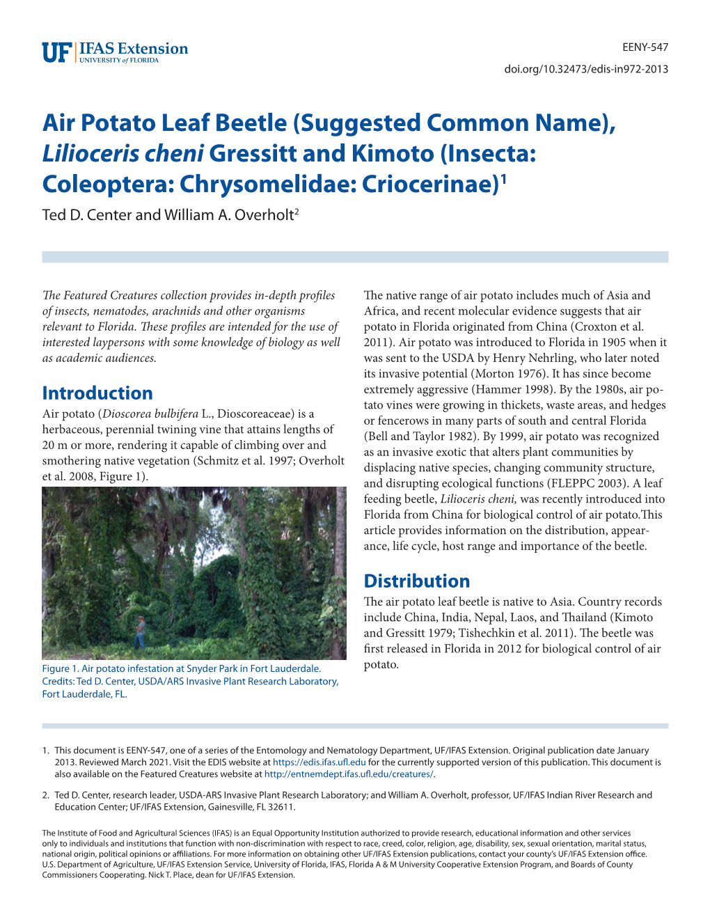 Air Potato Leaf Beetle (Suggested Common Name), Lilioceris Cheni Gressitt and Kimoto (Insecta: Coleoptera: Chrysomelidae: Criocerinae)1 Ted D