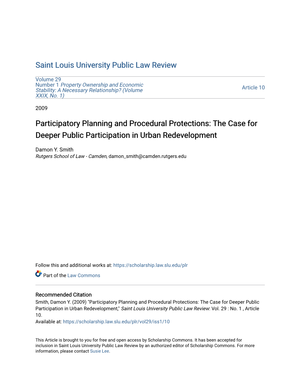 Participatory Planning and Procedural Protections: the Case for Deeper Public Participation in Urban Redevelopment