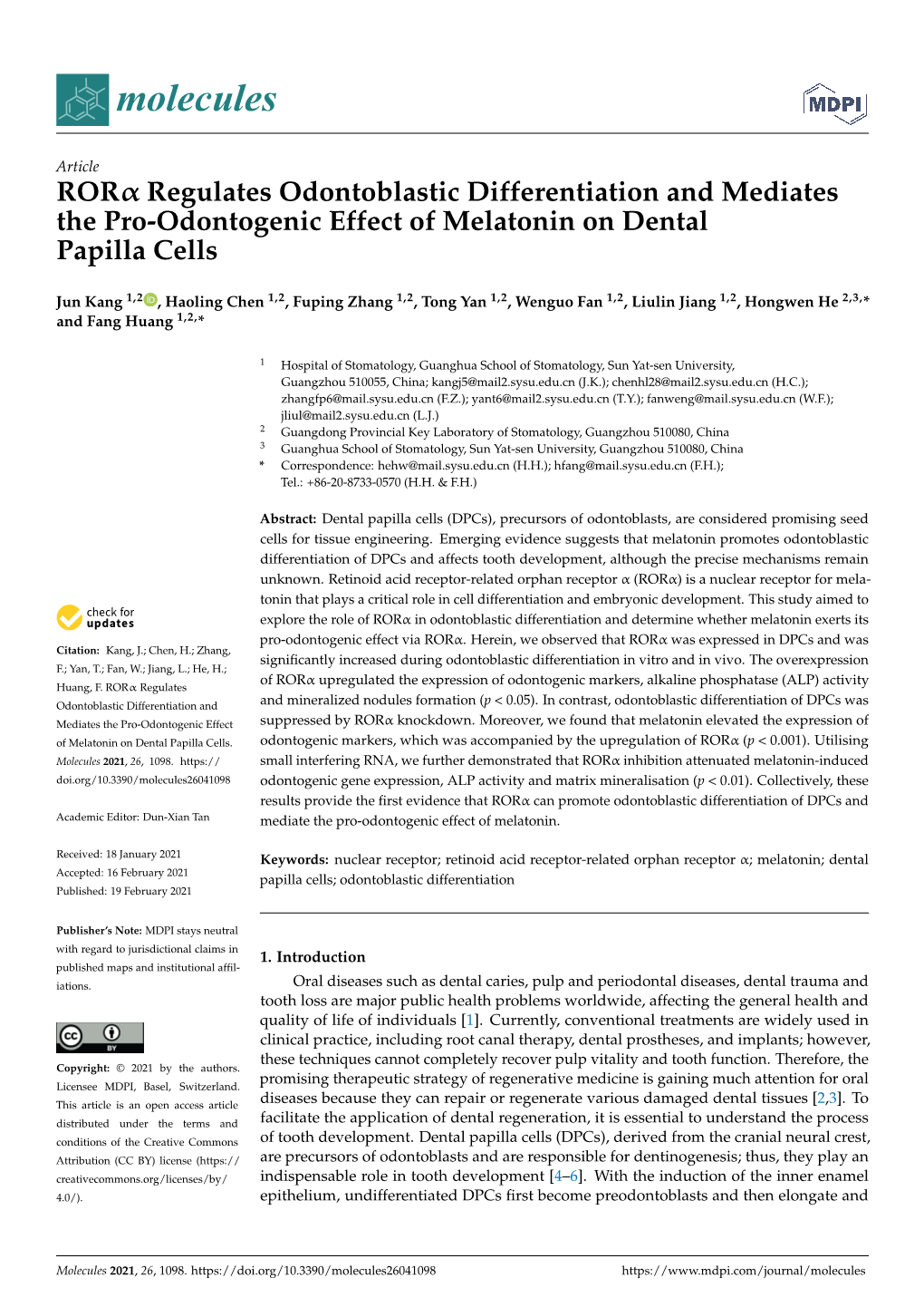 Rorα Regulates Odontoblastic Differentiation and Mediates the Pro-Odontogenic Effect of Melatonin on Dental Papilla Cells