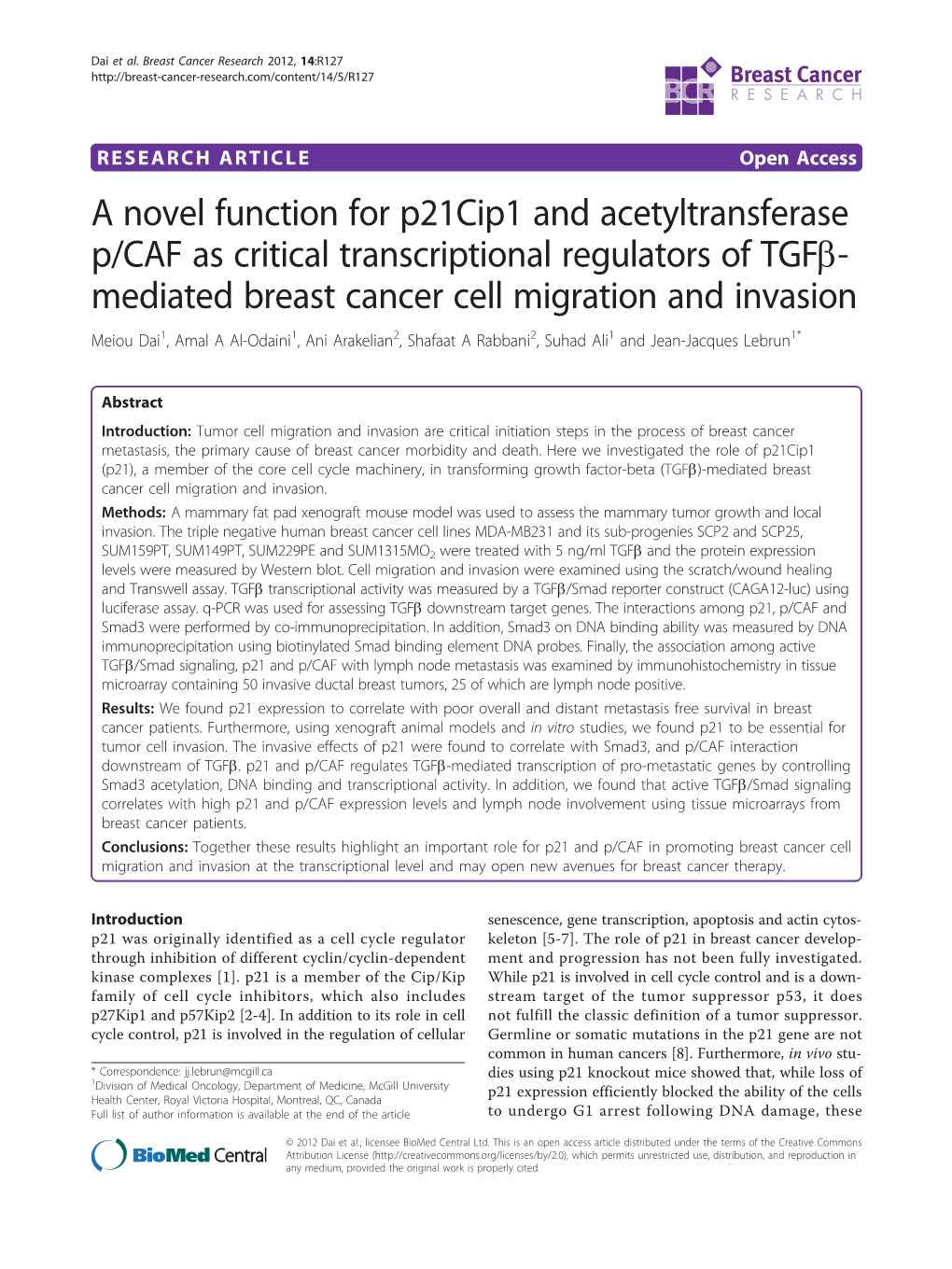 A Novel Function for P21cip1 and Acetyltransferase P/CAF As Critical Transcriptional Regulators of Tgfb- Mediated Breast Cancer