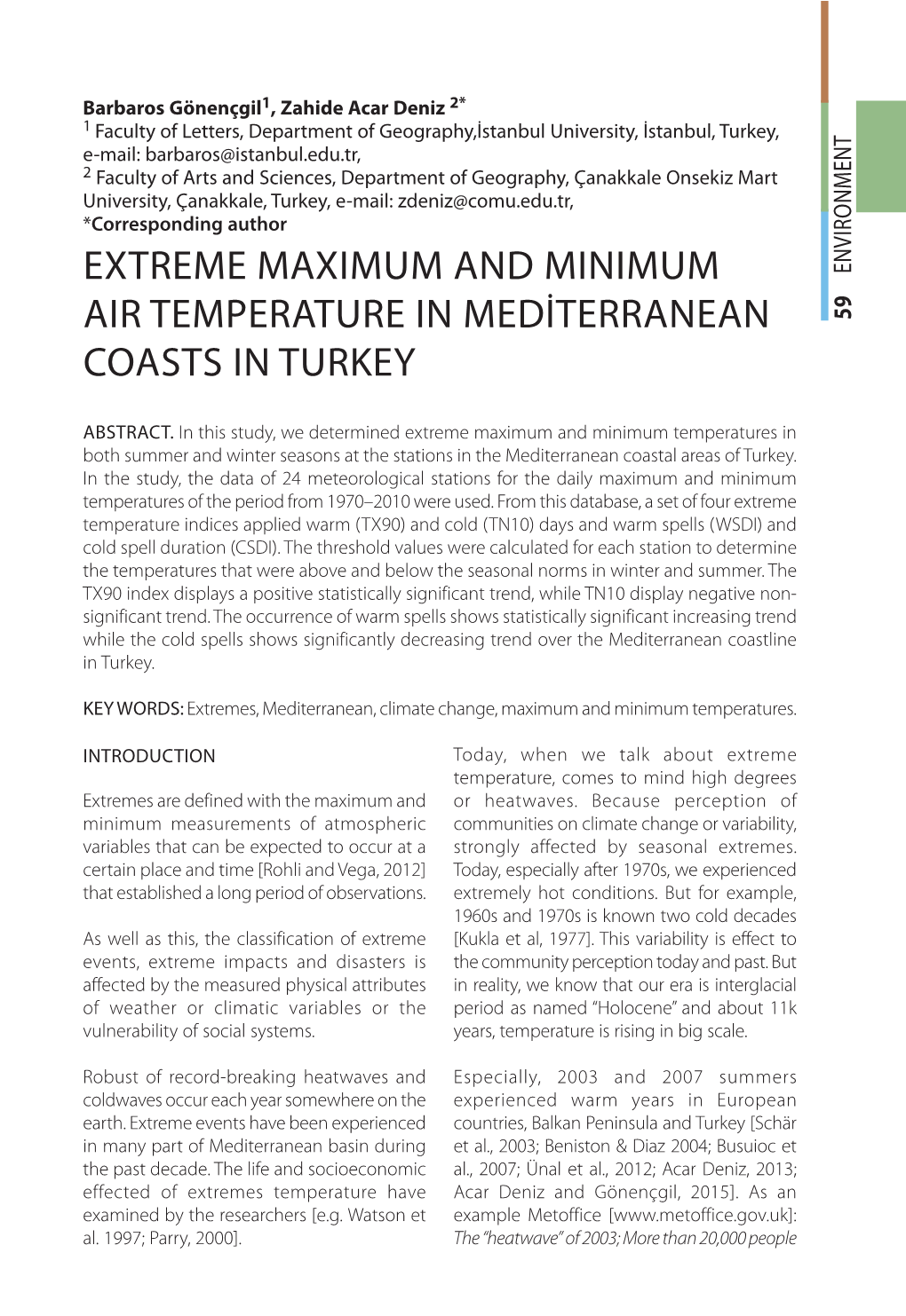 Extreme Maximum and Minimum Air Temperature in Mediterranean Coasts in Turkey