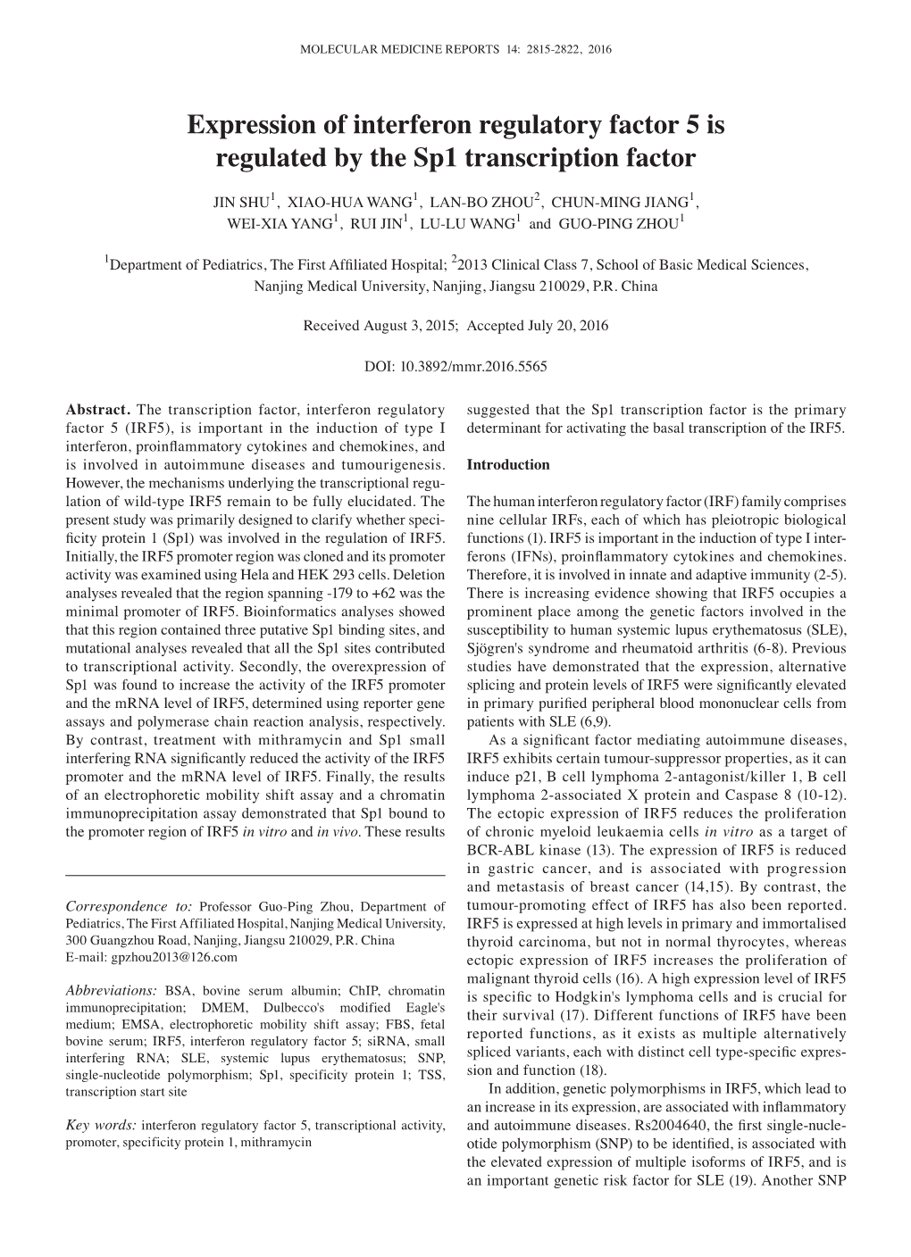 Expression of Interferon Regulatory Factor 5 Is Regulated by the Sp1 Transcription Factor