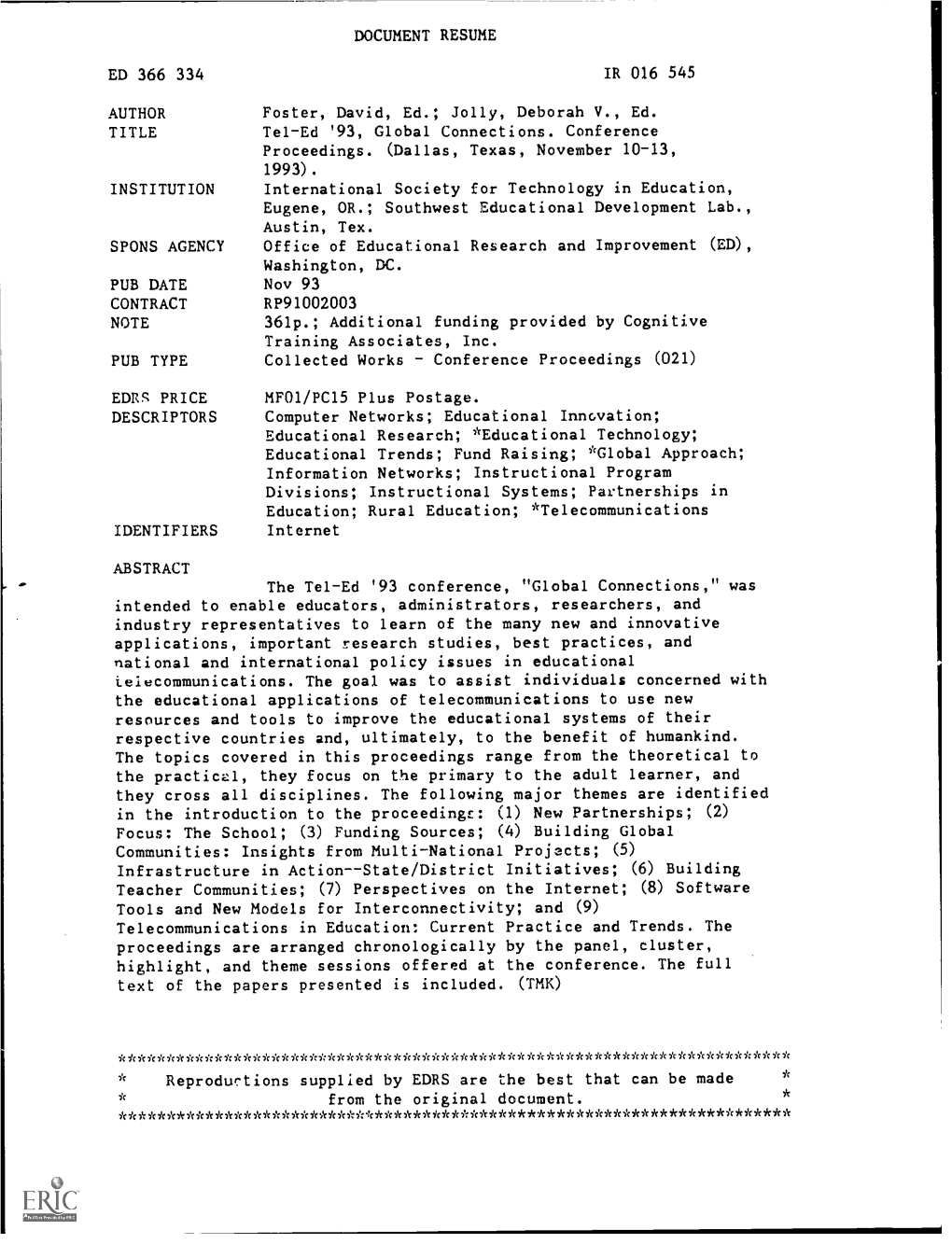 Tel-Ed'93, Global Connections. Conference Proceedings.(Dallas, Texas, November 10-13, 1993)