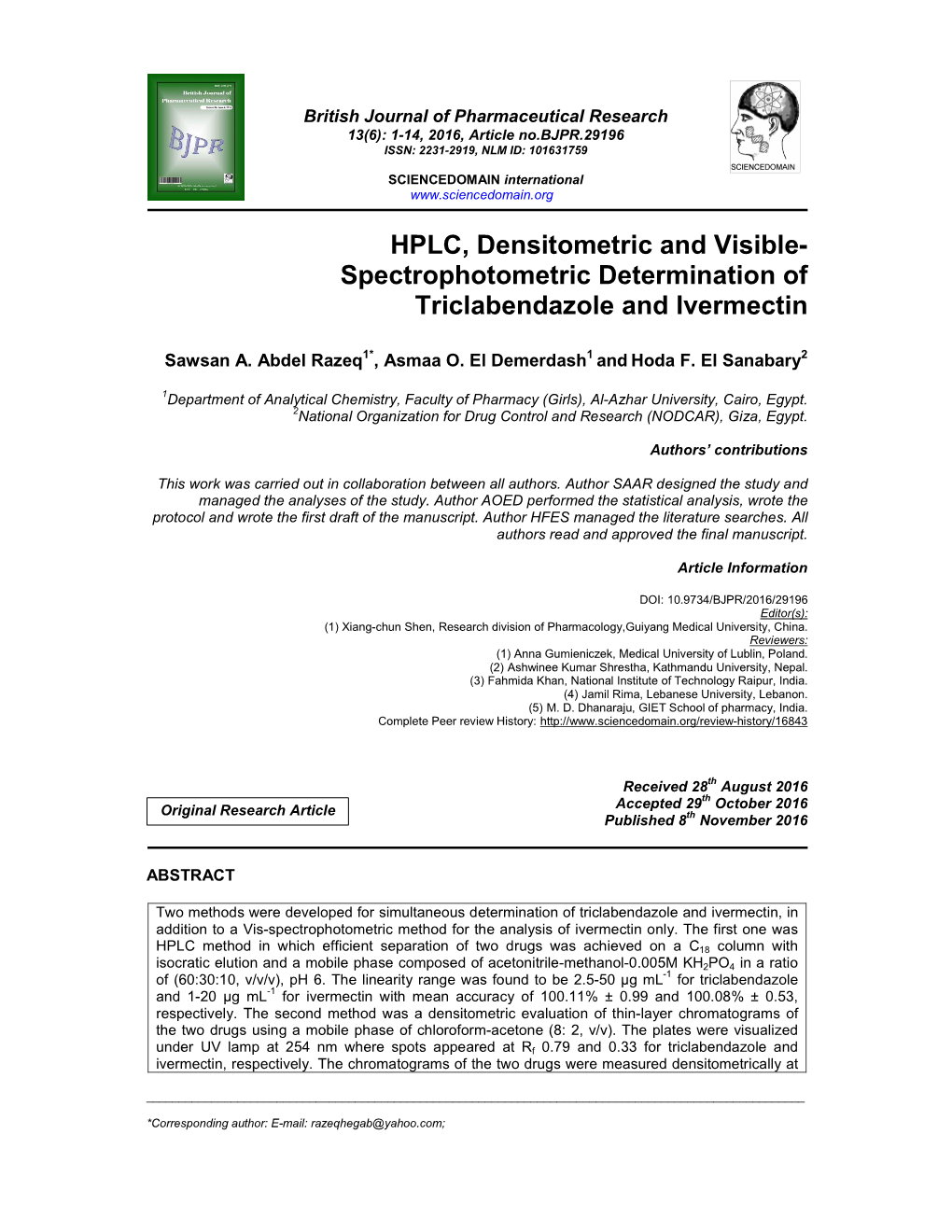 Spectrophotometric Determination of Triclabendazole and Ivermectin