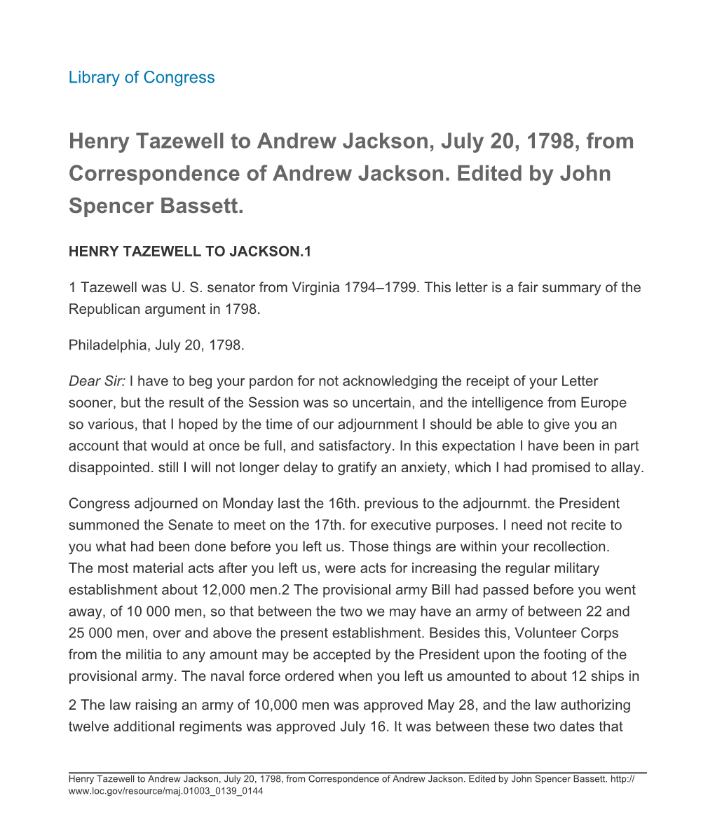 Henry Tazewell to Andrew Jackson, July 20, 1798, from Correspondence of Andrew Jackson