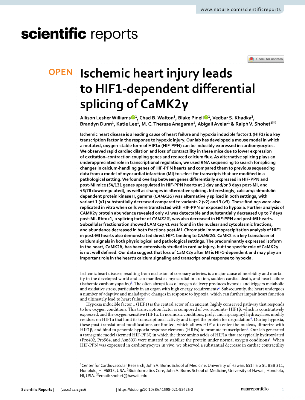 Ischemic Heart Injury Leads to HIF1-Dependent Differential Splicing