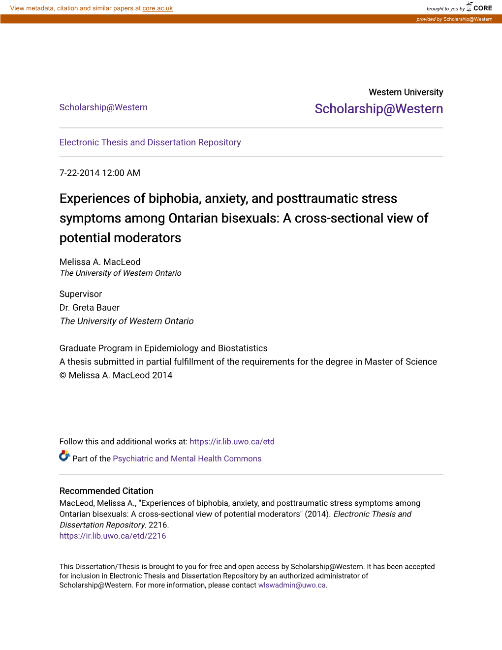 Experiences of Biphobia, Anxiety, and Posttraumatic Stress Symptoms Among Ontarian Bisexuals: a Cross-Sectional View of Potential Moderators