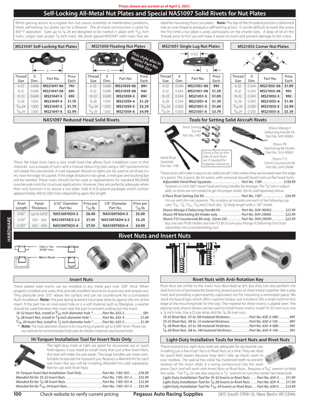 AN Nut Plates, Solid Rivets & Tools, Rivet Nuts, Insert Nuts