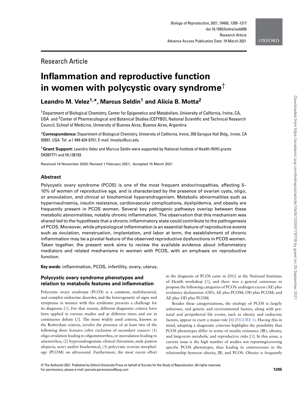 Inflammation and Reproductive Function in Women with Polycystic