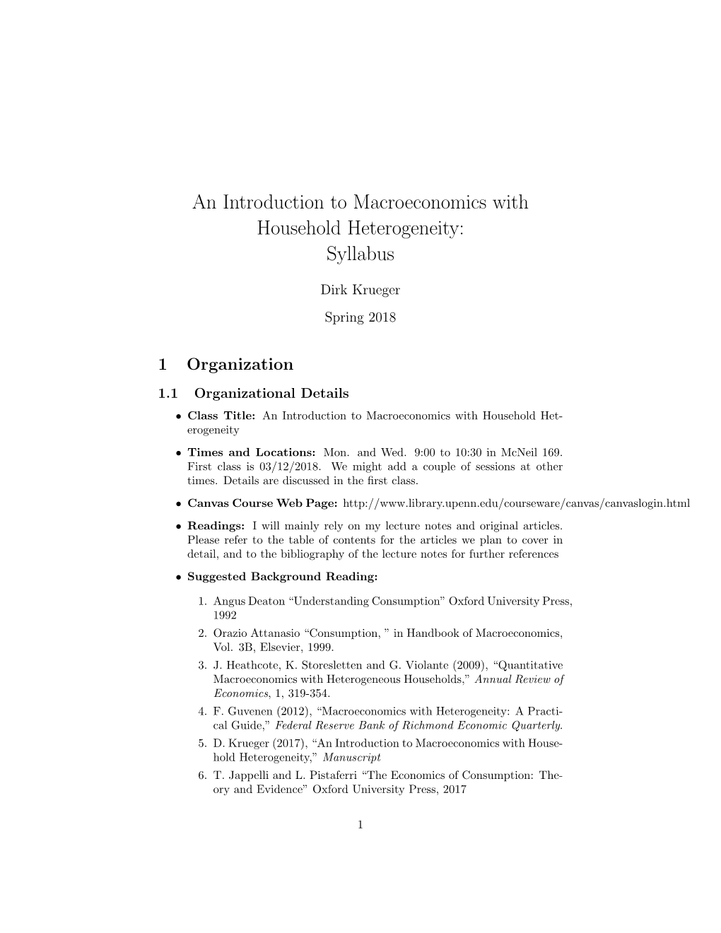 An Introduction to Macroeconomics with Household Heterogeneity: Syllabus