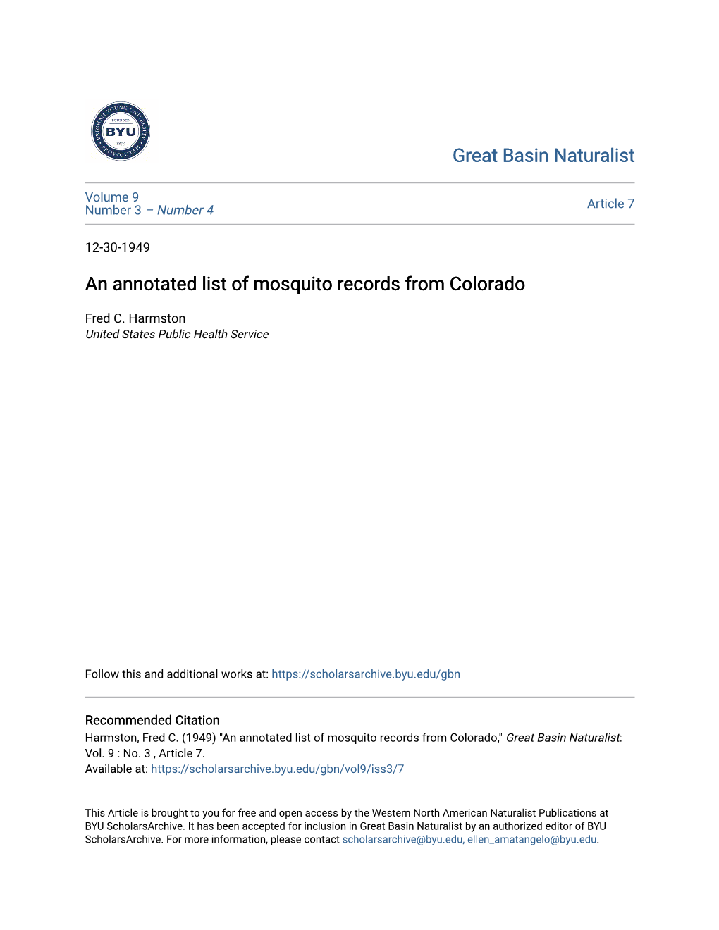 An Annotated List of Mosquito Records from Colorado