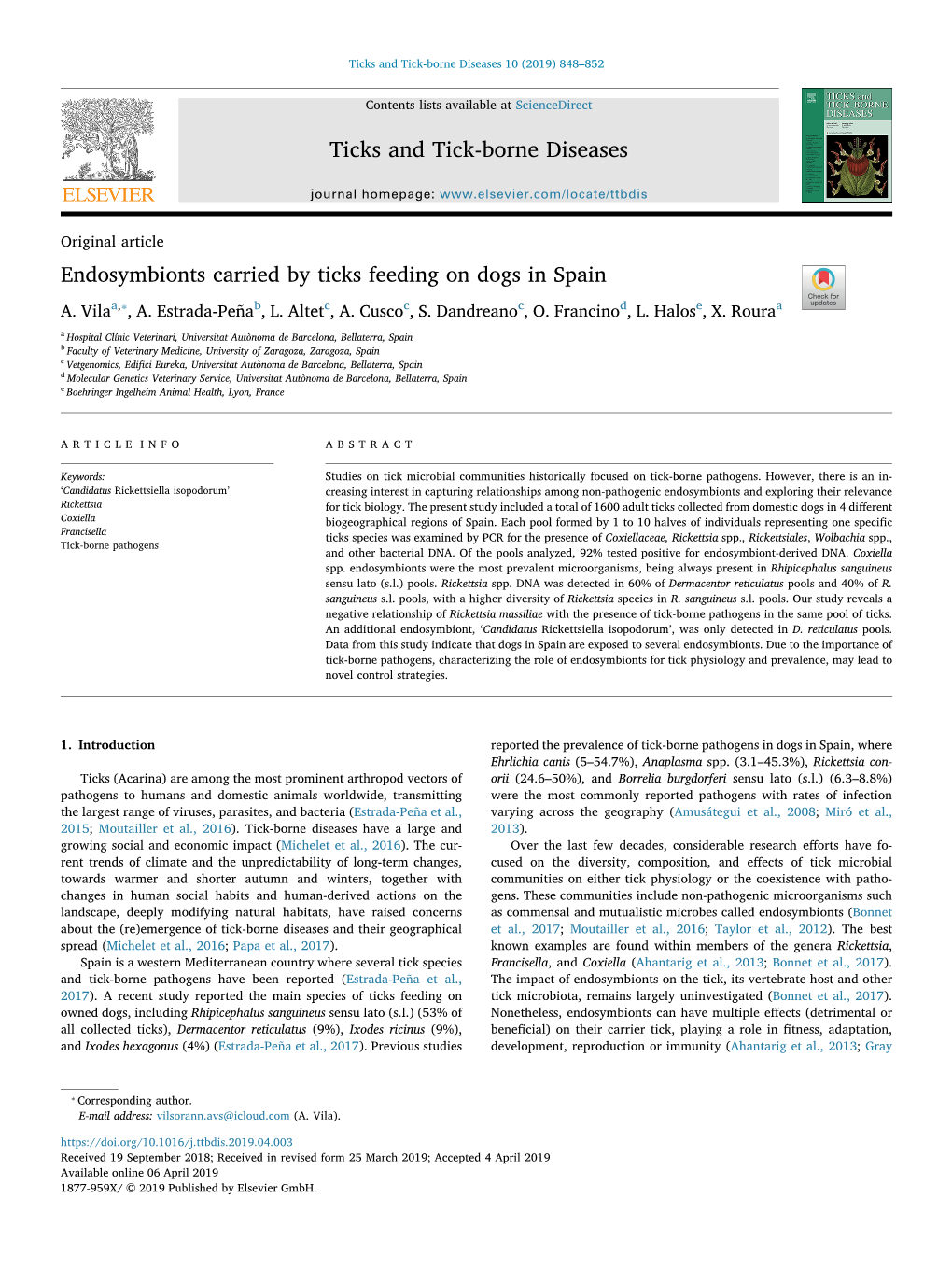 Endosymbionts Carried by Ticks Feeding on Dogs in Spain T ⁎ A