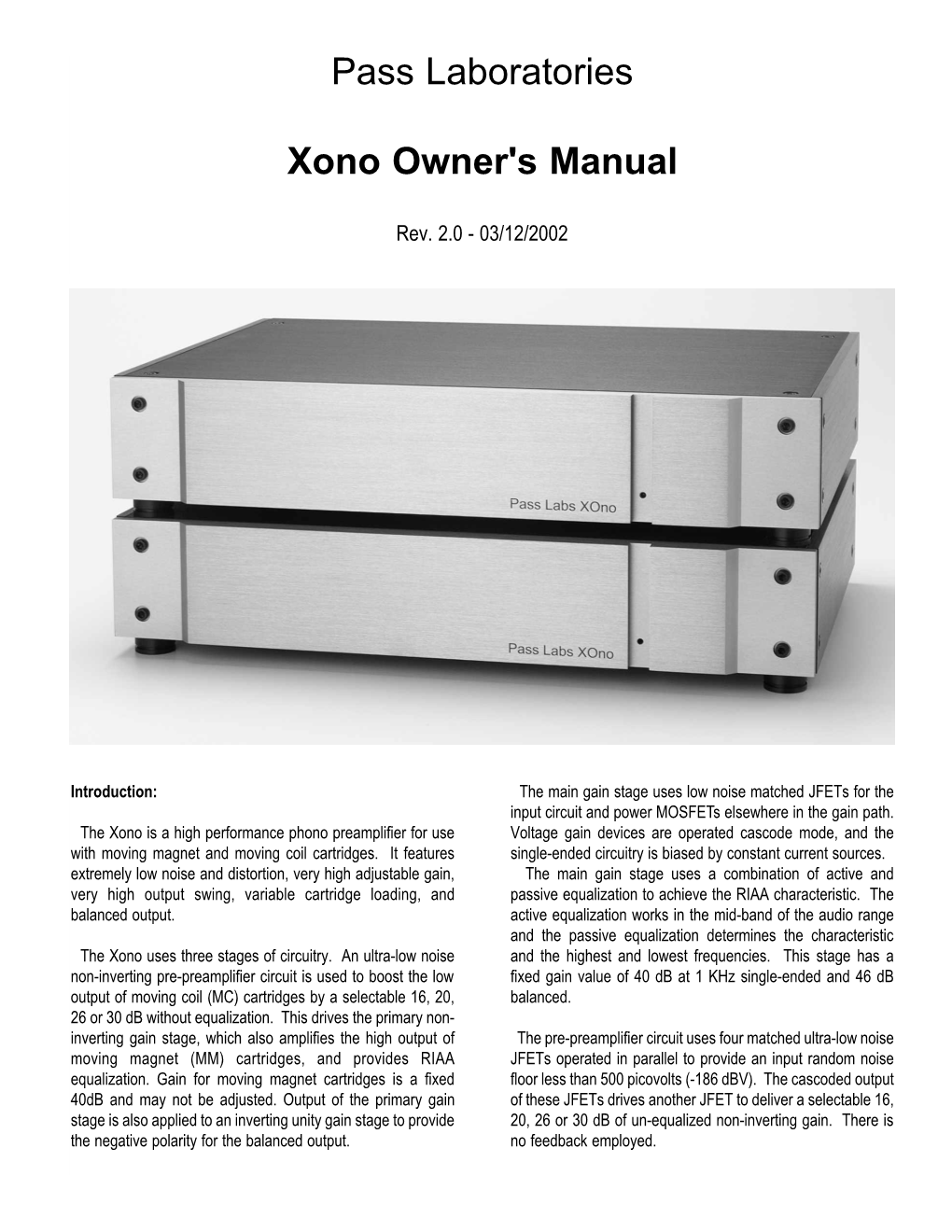 Pass Laboratories Xono Owner's Manual