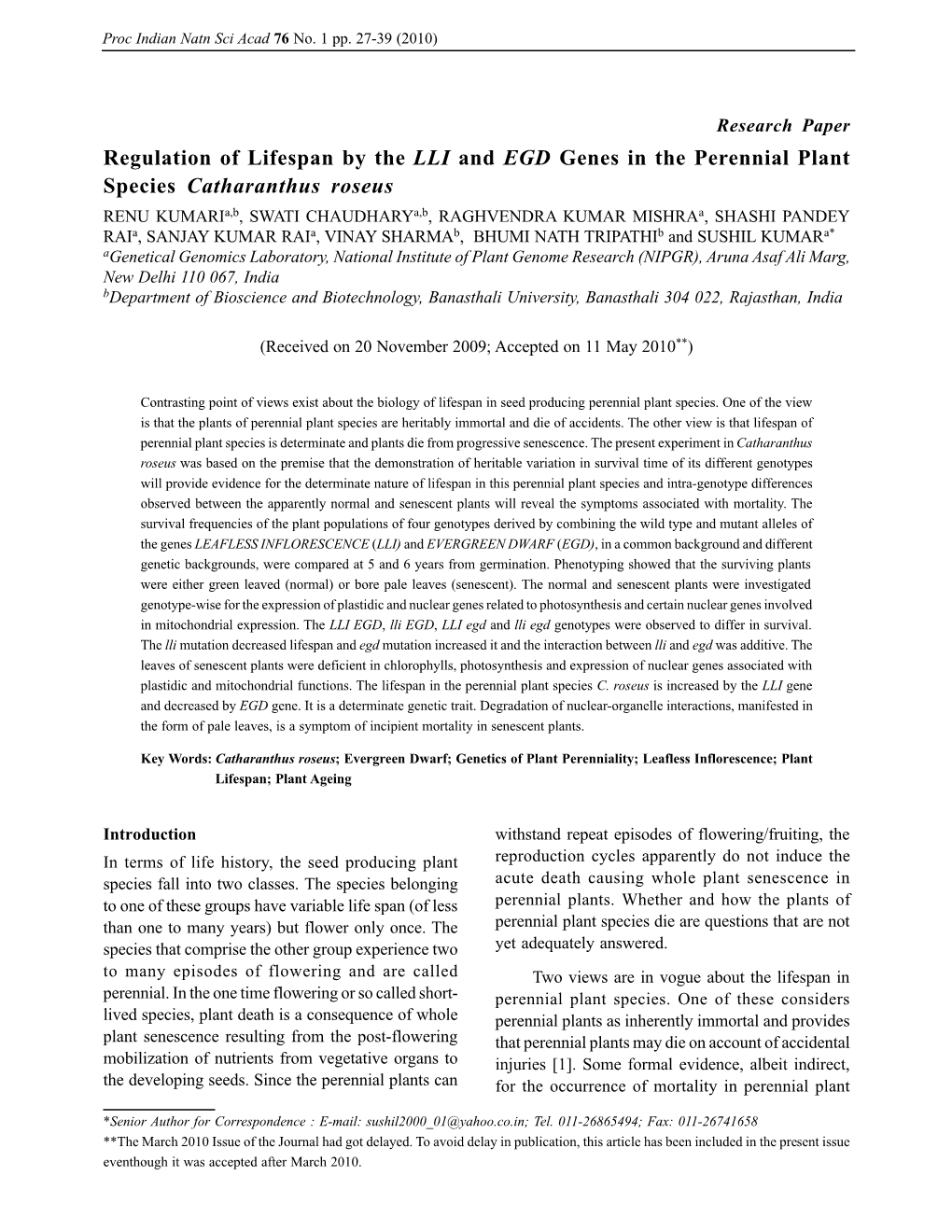 Regulation of Lifespan by the LLI and EGD Genes in the Perennial Plant