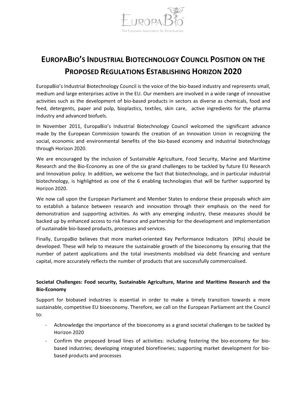 Europabio's Industrial Biotechnology Council Position on the Proposed Regulations Establishing Horizon 2020