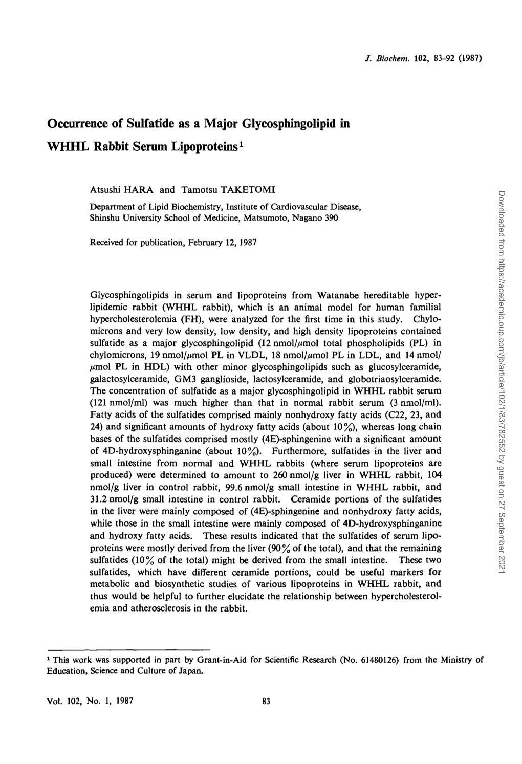 Occurrence of Sulfatide As a Major Glycosphingolipid in WHHL Rabbit Serum Lipoproteins1