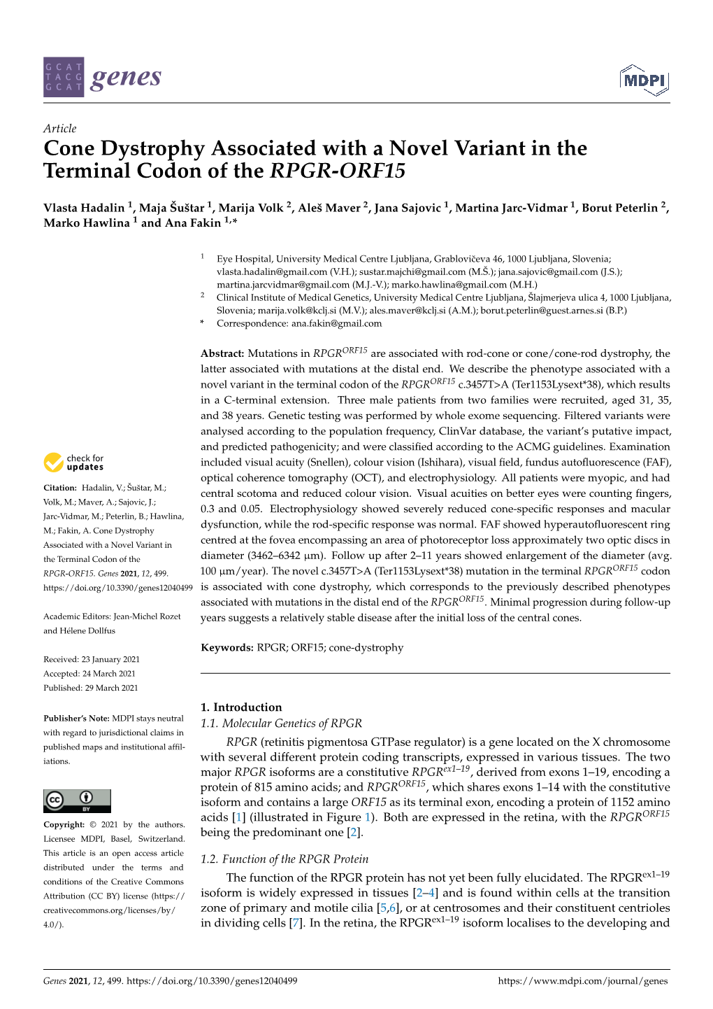 Cone Dystrophy Associated with a Novel Variant in the Terminal Codon of the RPGR-ORF15