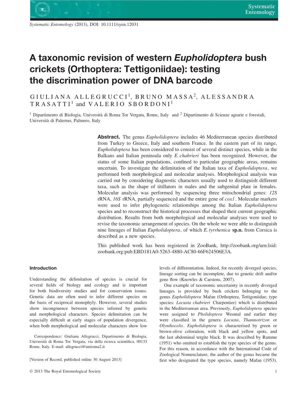 A Taxonomic Revision of Western Eupholidoptera Bush Crickets (Orthoptera: Tettigoniidae): Testing the Discrimination Power of DNA Barcode