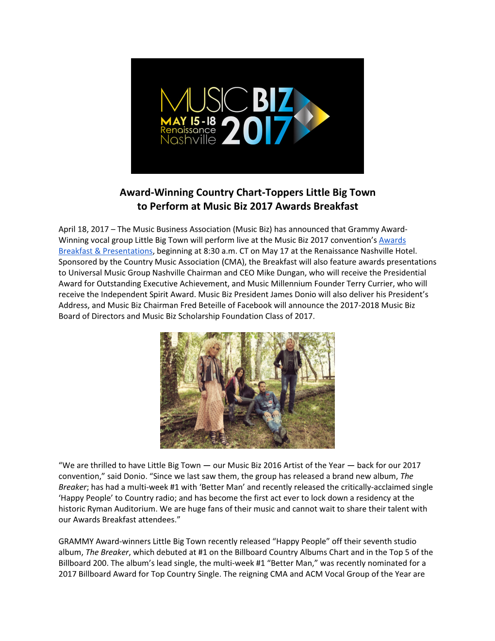 Award-Winning Country Chart-Toppers Little Big Town to Perform at Music Biz 2017 Awards Breakfast