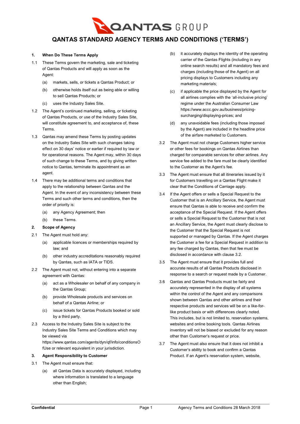 Qantas Standard Agency Terms and Conditions (‘Terms’)