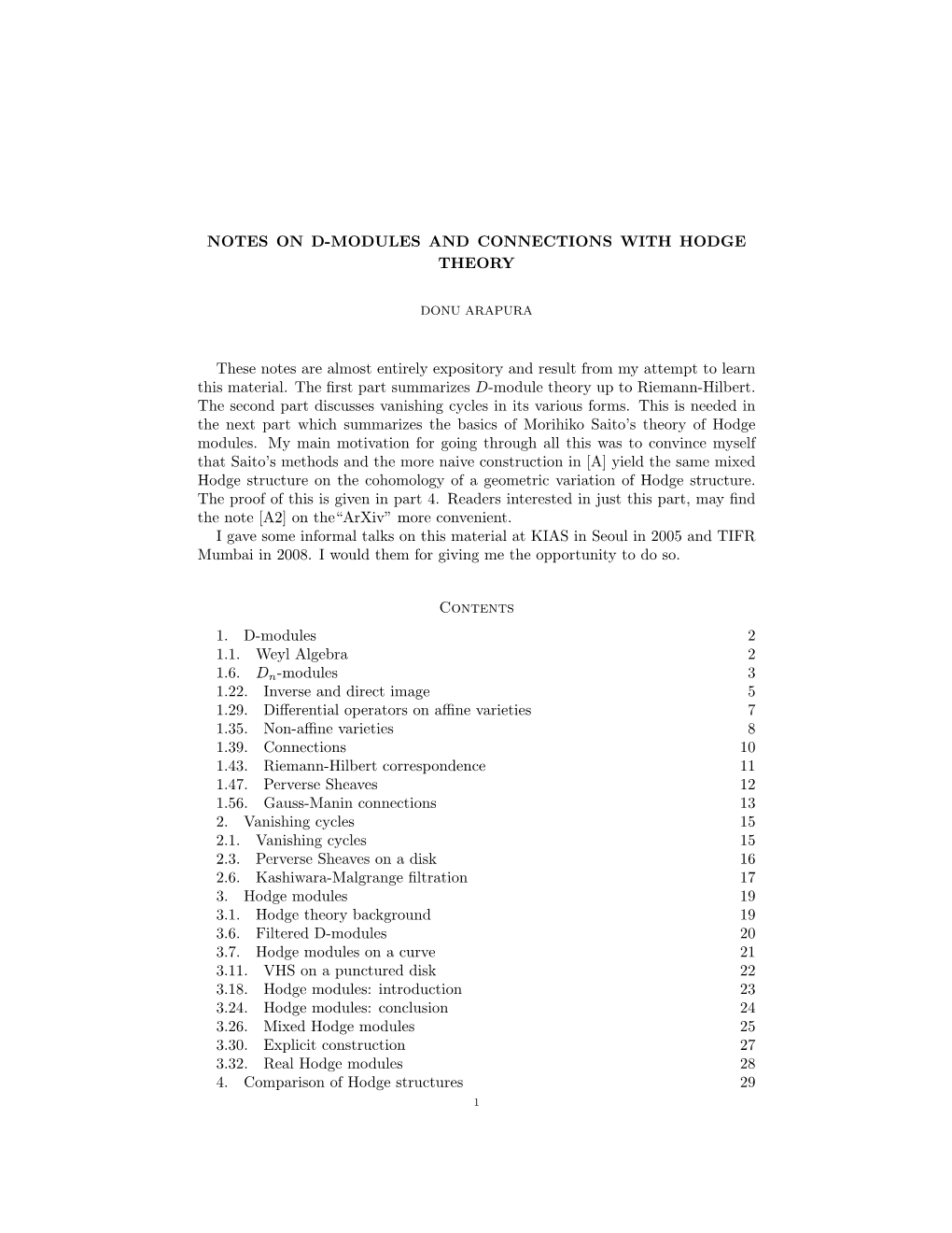 Notes on D-Modules and Connections with Hodge Theory