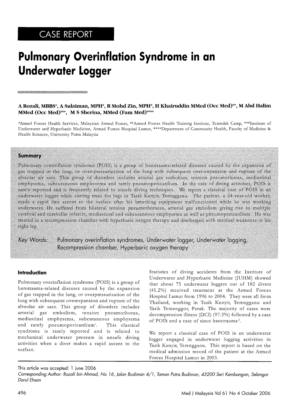 Pulmonary Overinflation Syndrome in an Underwater Logger