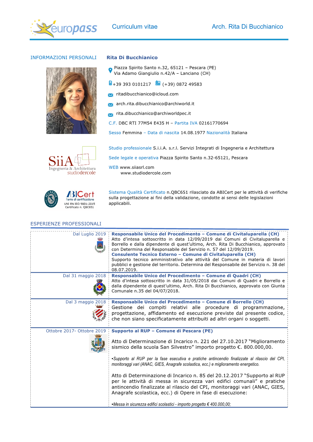 Curriculum Vitae Arch. Rita Di Bucchianico