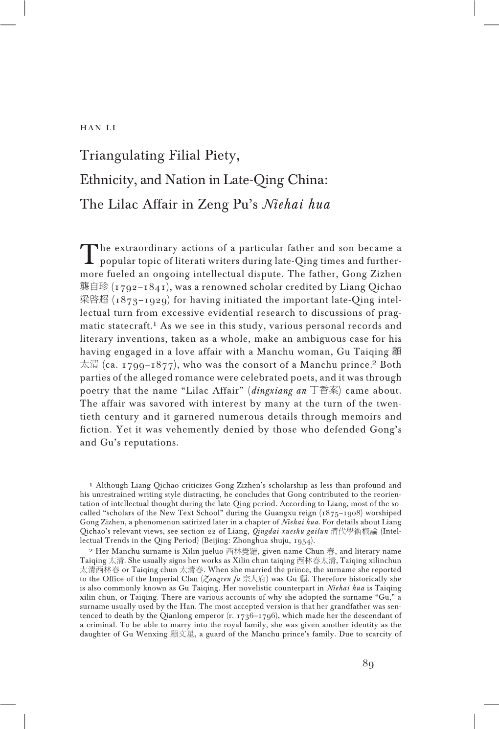 Triangulating Filial Piety, Ethnicity, and Nation in Late-Qing China: the Lilac Affair in Zeng Pu’S Niehai Hua