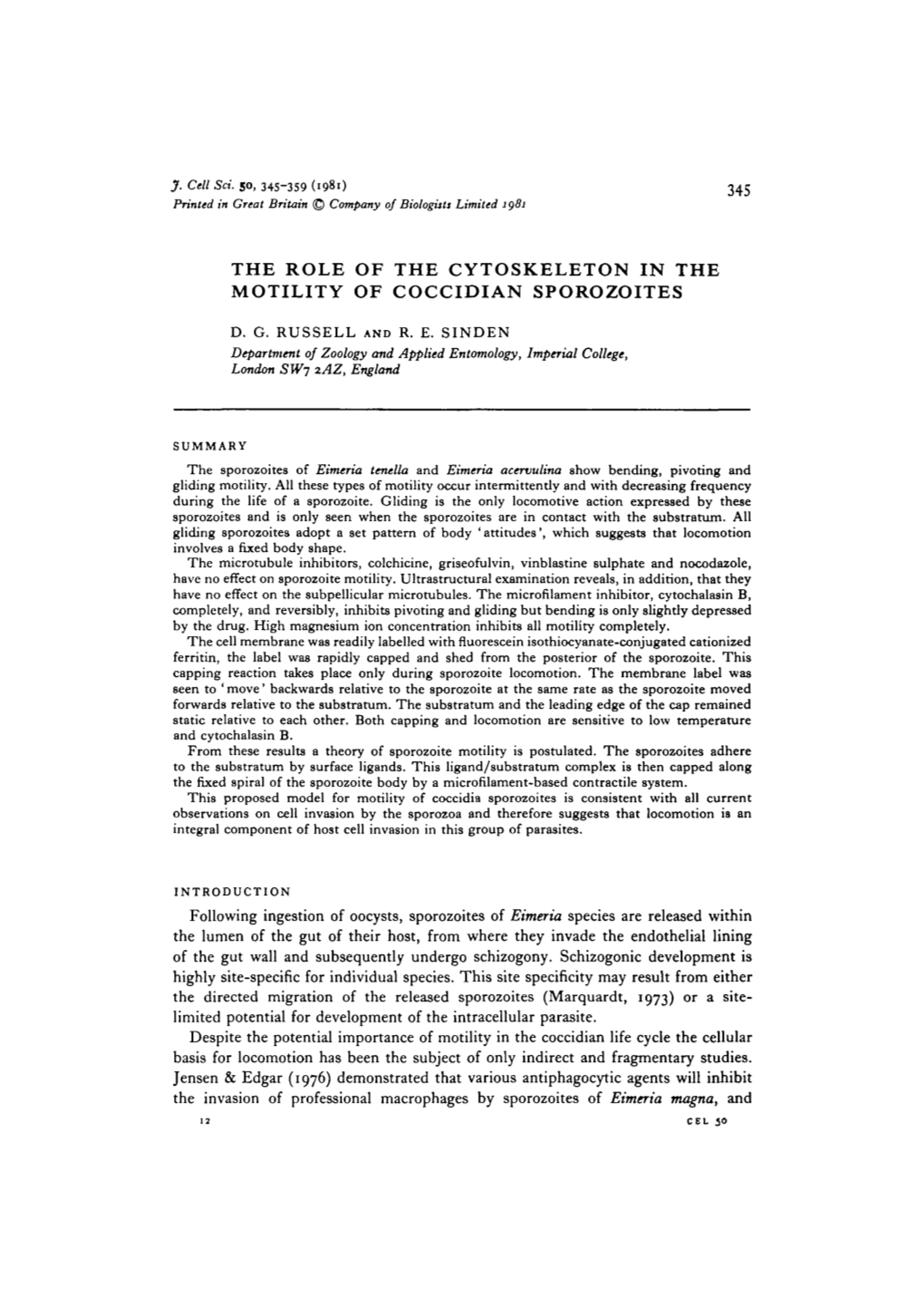 The Role of the Cytoskeleton in the Motility of Coccidian Sporozoites