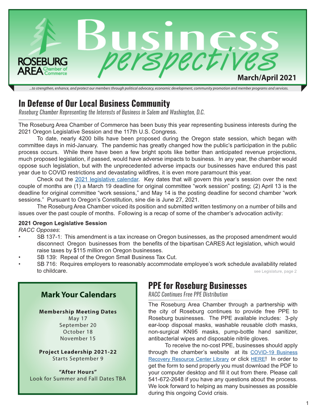 In Defense of Our Local Business Community Roseburg Chamber Representing the Interests of Business in Salem and Washington, D.C