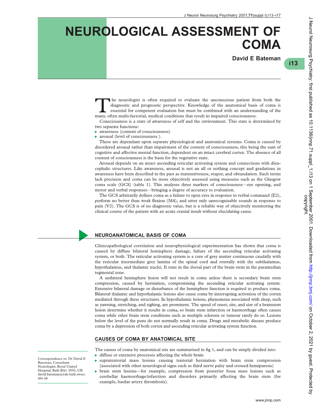 NEUROLOGICAL ASSESSMENT of COMA David E Bateman *I13