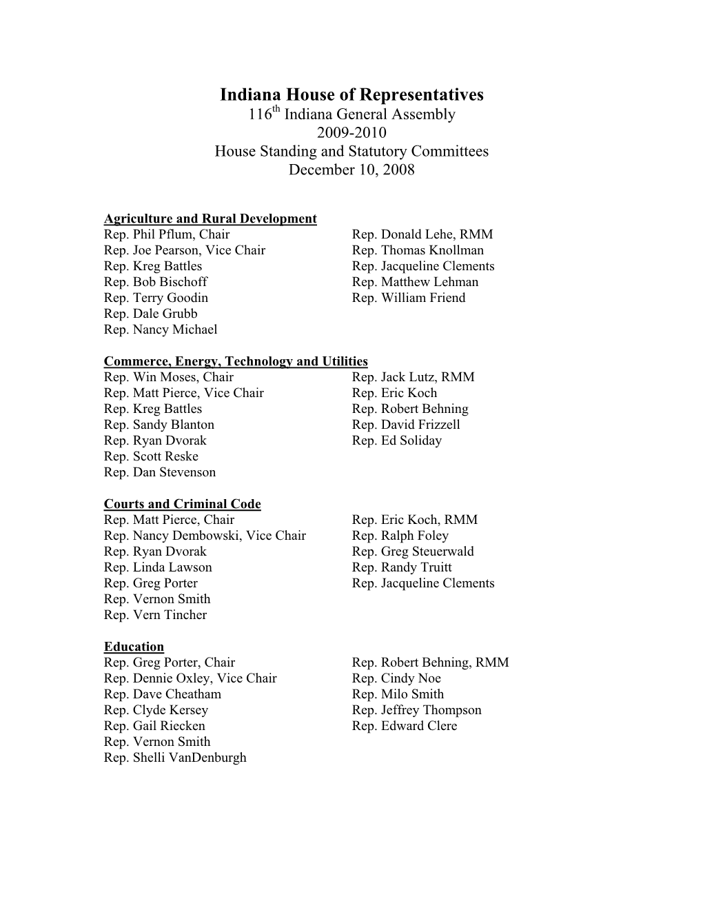 Indiana House of Representatives 116Th Indiana General Assembly 2009-2010 House Standing and Statutory Committees December 10, 2008