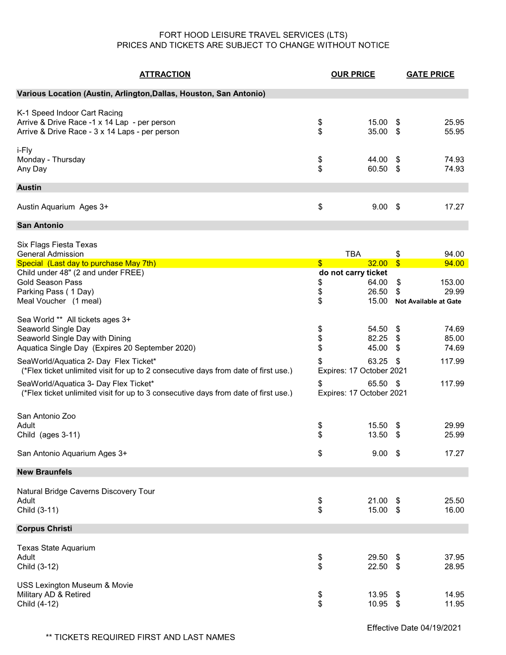 Fort Hood Leisure Travel Services (Lts) Prices and Tickets Are Subject to Change Without Notice