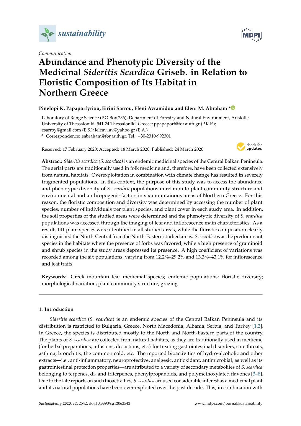 Abundance and Phenotypic Diversity of the Medicinal Sideritis Scardica Griseb