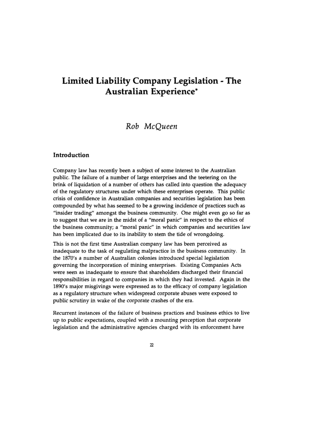 Limited Liability Company Legislation - the Australian Experience*