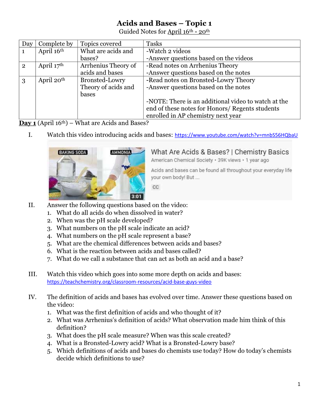 Acids and Bases – Topic 1