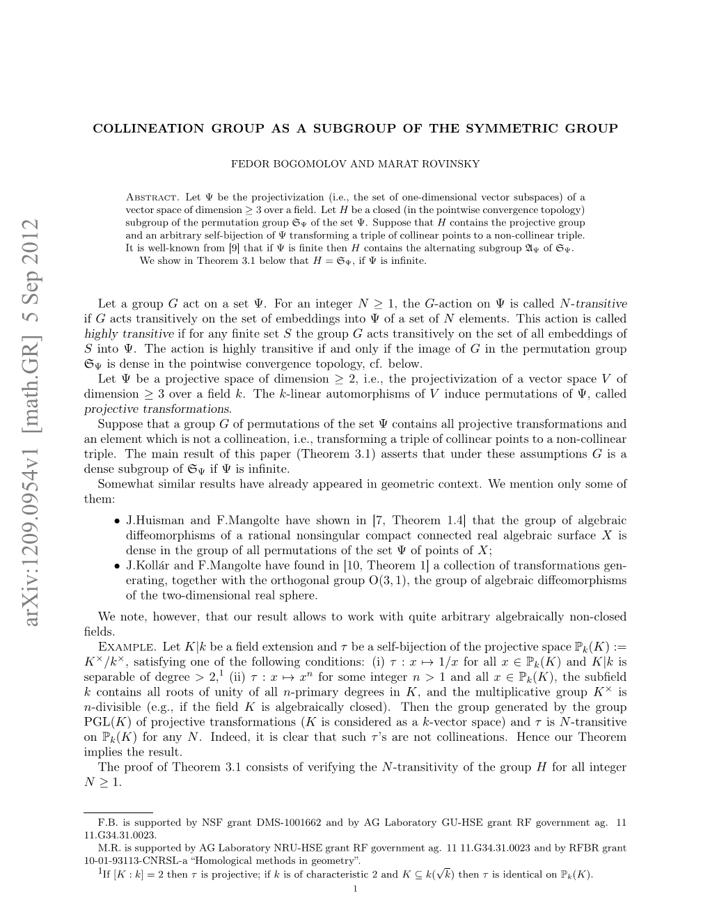 Collineation Group As a Subgroup of the Symmetric Group